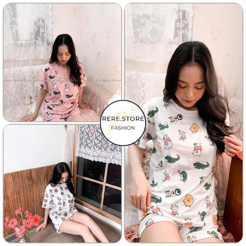 Set Đồ Ngủ Icon Zoo - Rere.Store [FREESHIP] - Bộ áo cộc quần cộc mặc nhà form rộng oversize Ulzzang