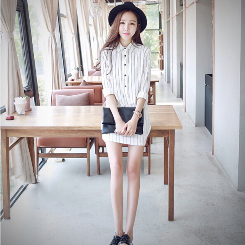 Đầm Nữ Kẻ Sọc Tay Dài Thời Trang Hàn Quốc