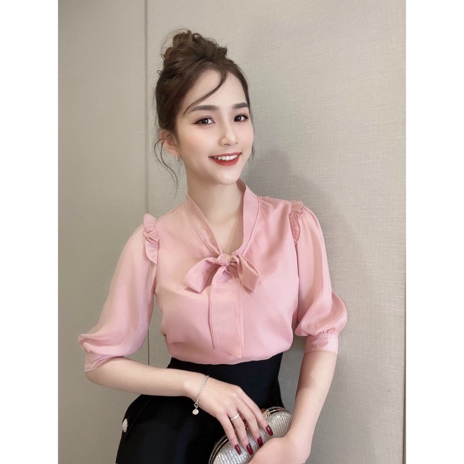 [ Loại 1] Áo sơ mi nữ kiểu cổ thắt nơ trẻ trung, Chất lụa phối, tay áo lỡ đẹp