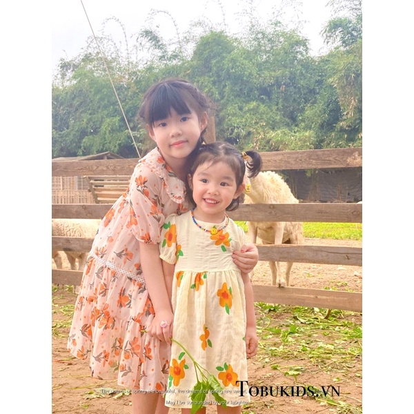 Váy Hoa Cam Tay Bồng Dài tay Chất Đũi Xốp Size 8-20kg Phong Cách Hàn Quốc Cho Bé Gái