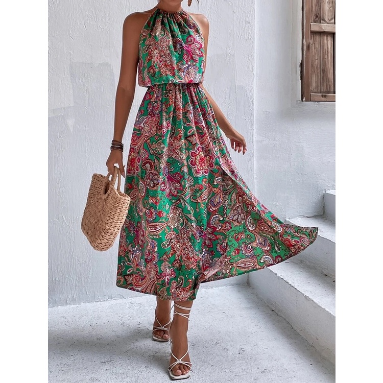 Đầm yếm maxi xòe RACHEL ZOE lụa mịn cổ tròn dúng xẻ tà họa tiêt paisley thổ cẩm xanh lá