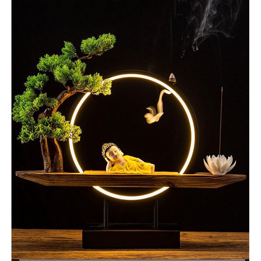 Tượng Phật và Kệ Cây Đèn Led Nguyệt Mộc Trầm