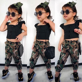 Áo Crop Top Tay Bèo + Quần Dài Họa Tiết Rằn Ri Cho Bé Gái