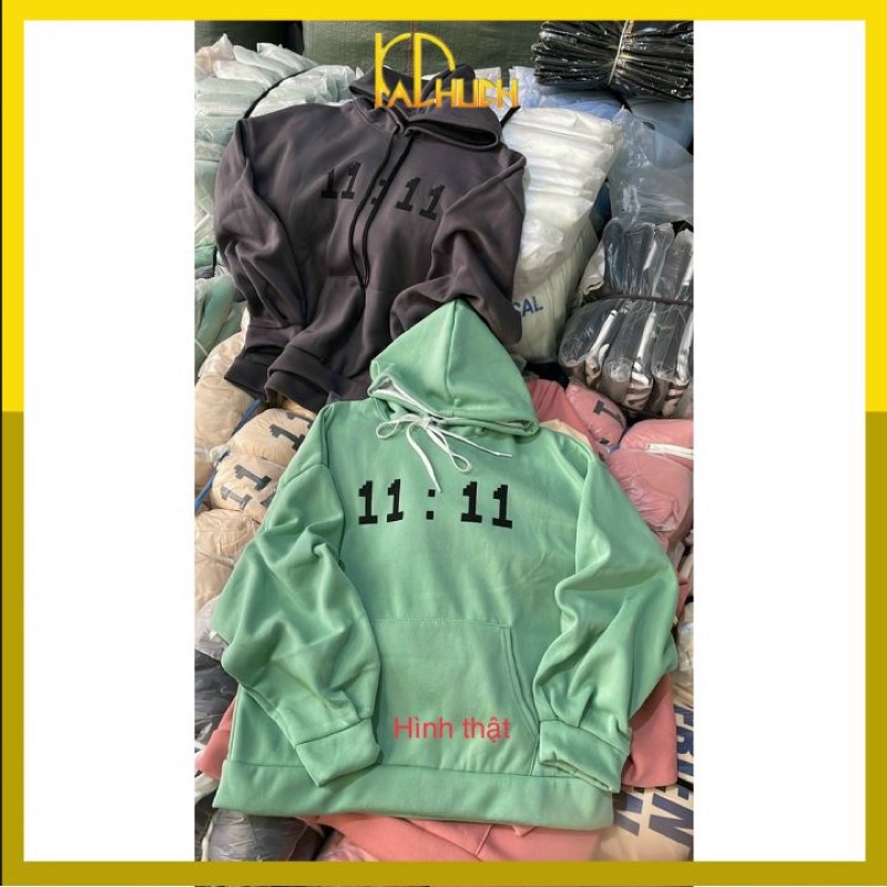 Áo hoodie tay phồng in 11:11 giờ, form rộng &lt;65kg hàng nỉ ngoại dày dặn nón 2 lớ