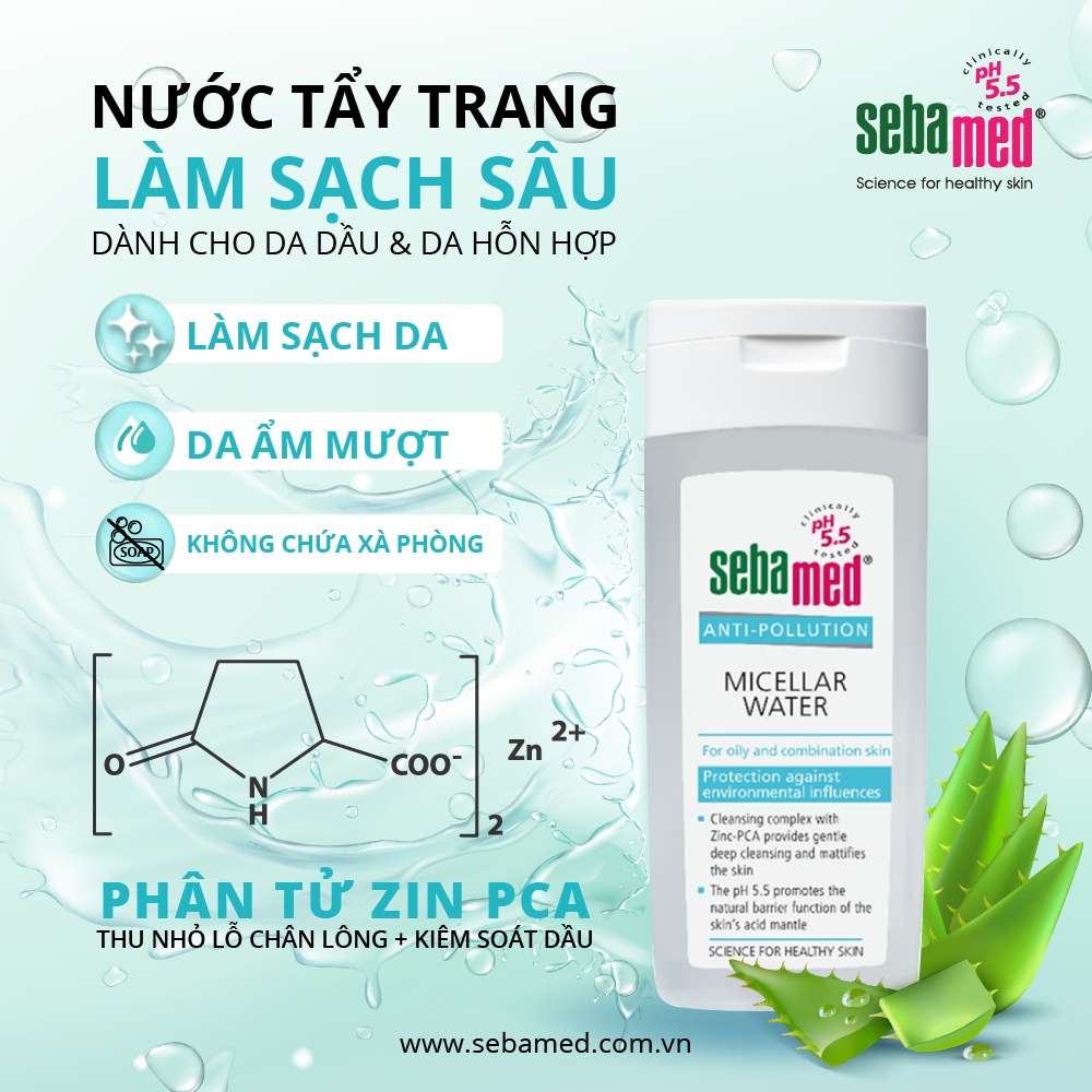 Tẩy trang dành cho da dầu & da hỗn hợp Sebamed Anti Pollution Micellar Water – Oily To Combination Skin pH5.5 (200ml)