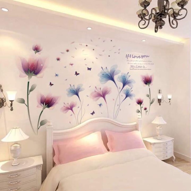 Decal dán tường Combo 2 tranh hoa pha Lê tím + hoa tím xanh