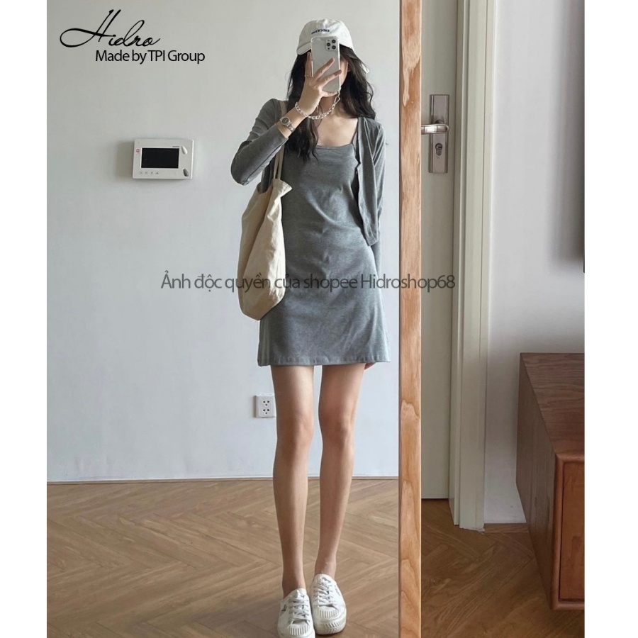 Set Váy Hai Dây Kèm Áo Khoác Cardigan Chất Cotton Bozip Co Giãn Tốt Dáng Chữ A