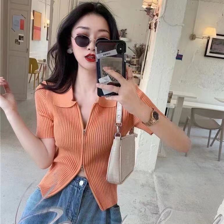 Áo Croptop Dệt Kim Phối Khoá Kéo Phong Cách Châu Âu (9 Màu Lựa Chọn)