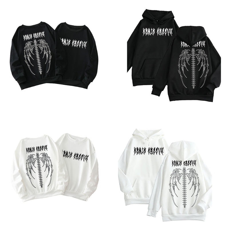 Áo sweatshirt/ Áo hoodie tay dài dáng rộng mặc chui đầu in họa tiết xương đôi cánh quỷ cá tính thời trang unisex