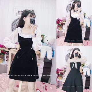 đầm nhung xoè viền voan ảnh thật
