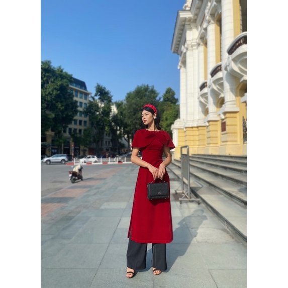 Áo dài Cát Tường cổ nơ chùm vai