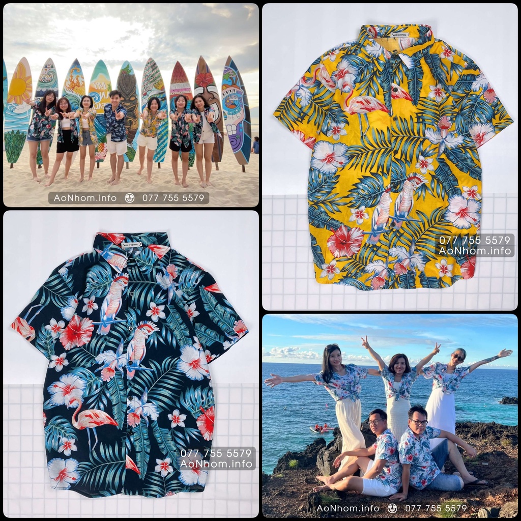 Áo Sơ Mi Hawaii Đi Biển Mềm Mát - Bông Bụt Chim Hồng Hạc - Áo Đôi Đồng Phục Nhóm Lớp Team Building Hoạ Tiết Hoa Lá