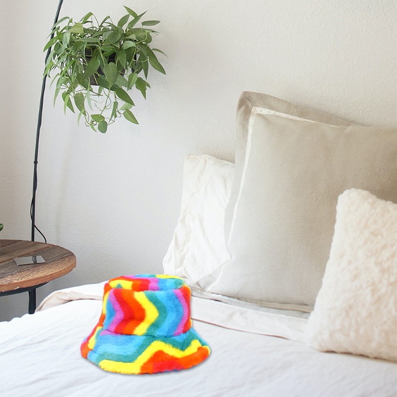 Nón Tai Bèo Giả Lông Thỏ Họa Tiết Sọc Cầu Vồng Phong Cách Hipster