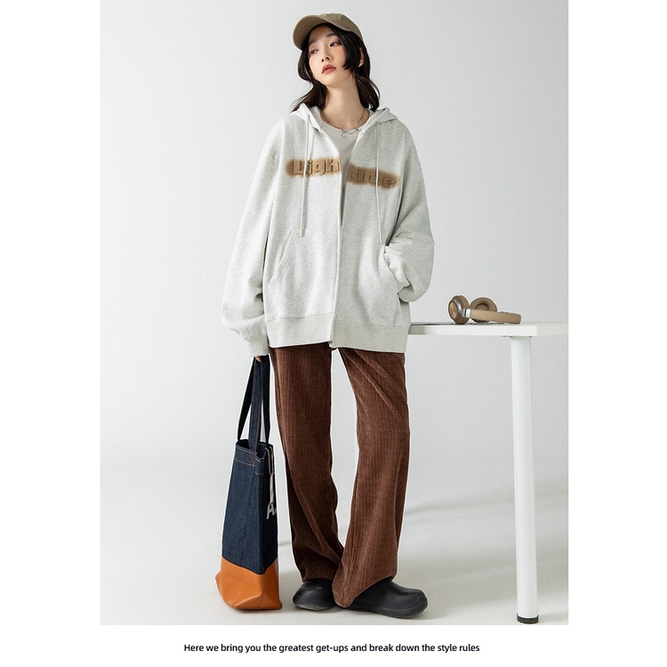 Áo Khoác Hoodie Dáng Rộng Có Khóa Kéo In Chữ Thời Trang Xuân Thu Cho Nữ