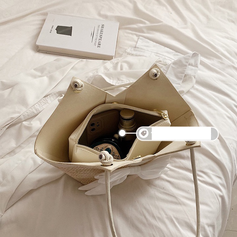 Túi đeo vai Ielgy đan sợi đính nơ sức chứa lớn thời trang cho nữ