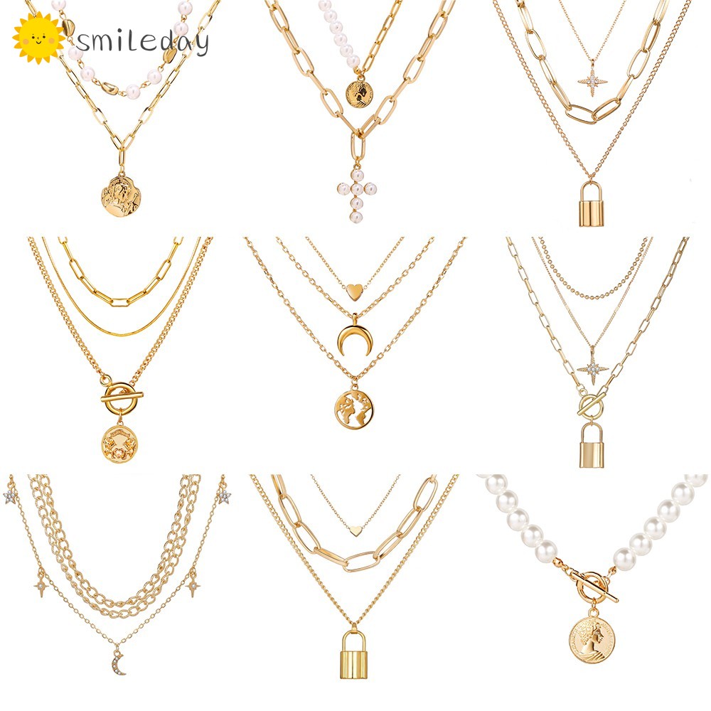 Dây Chuyền Hợp Kim Nhiều Lớp Mặt Hình Đồng Xu Phong Cách Vintage