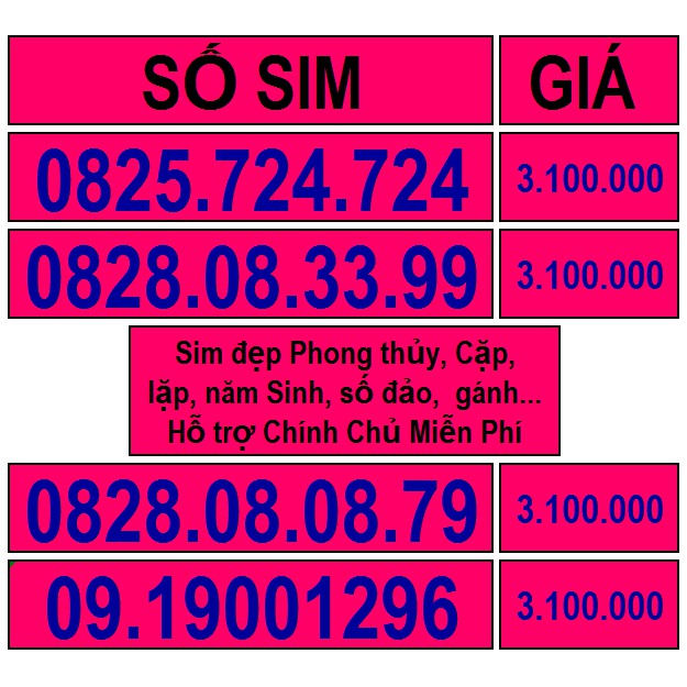 Số Đẹp Gánh Lặp Cặp Đảo Tiến Phong Thủy Năm Sinh Tam hoa Soi Gương ... 1triệu700k đến 3triệu200k Miễn phí ĐK chính chủ