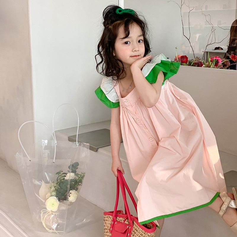 Đầm Tay Cánh Sen Cổ Vuông Hai Lớp Màu Trơn Phong Cách Hàn Quốc Dễ Thương Cho Bé Gái
