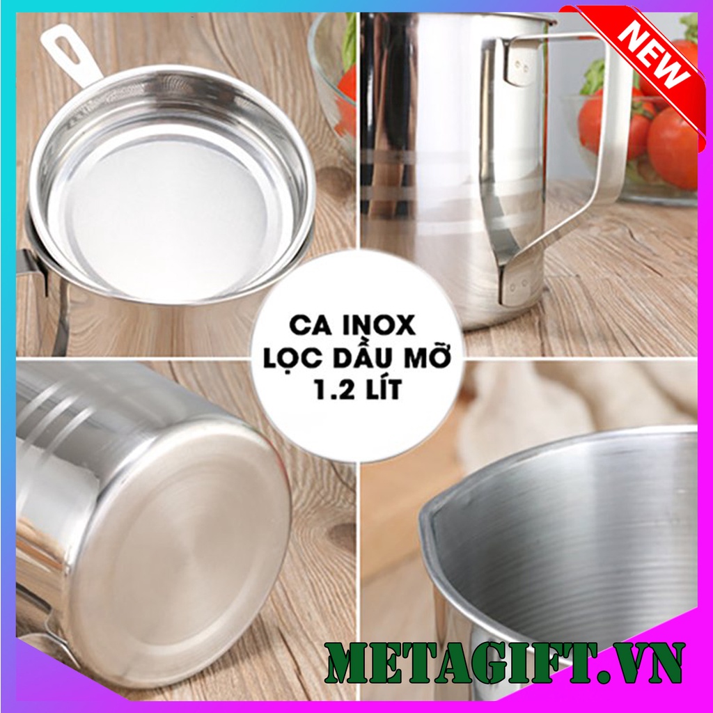 Ca bình đựng lọc dầu ăn dầu mỡ bằng Inox 304 1.2L có lưới lọc cặn cao cấp tiện lợi