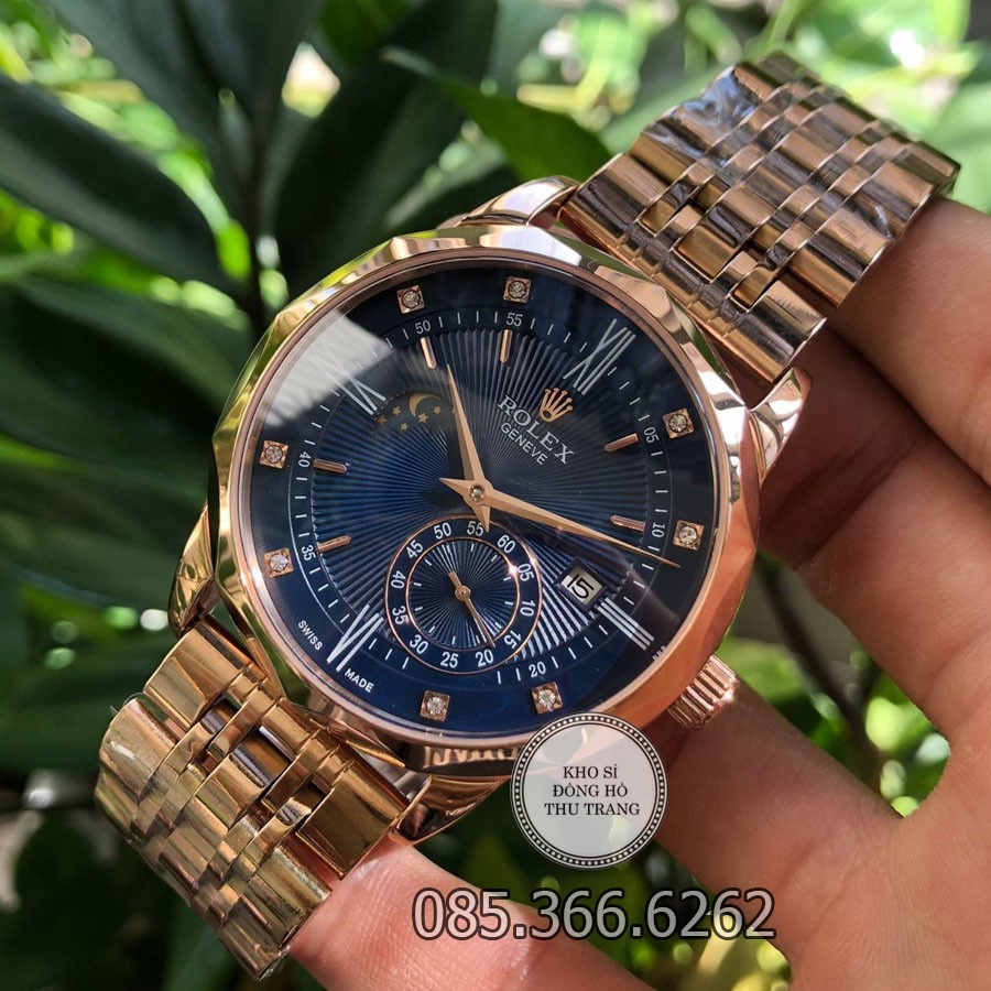 Đồng hồ nam Rolex cơ Automatic mẫu 3 kim mặt cắt vát kim cương xanh viền vàng size 40-41mm