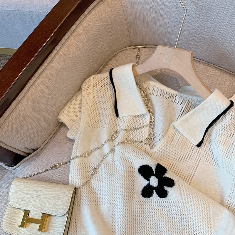 Áo dệt kim Pure Cube tay ngắn cổ chữ V màu trắng thời trang mùa hè mới