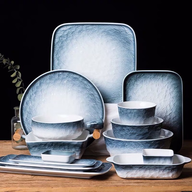 Link tách lẻ set bát đĩa sứ vân đá sóng nước xanh đĩa bít tết, salat đồ Âu cao cấp