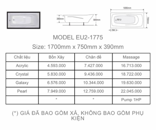 BỒN TẮM DÀI 2 YẾM EUROCA  - MODEL EU1 - 1775 - BẢO HÀNH 3 NĂM