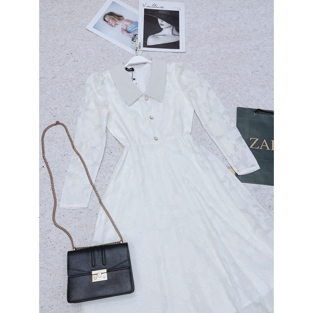 Váy trắng hoa nhí vintage cổ nơ body tay dài ulzzang chun eo , Đầm thiết kế dáng dài | BigBuy360 - bigbuy360.vn