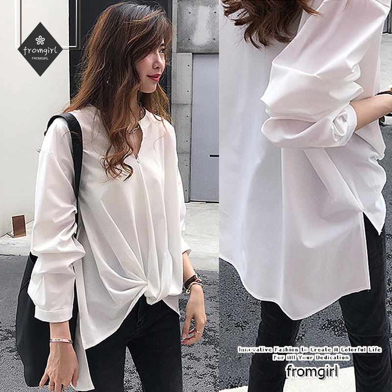 Áo sơ mi màu trắng tay dài dáng rộng thời trang mùa thu cho nữ