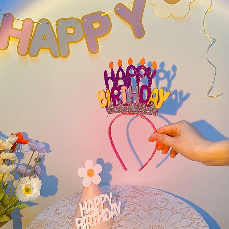 Bờm băng đô hình bánh kem hapy birthday màu hồng sinh nhật