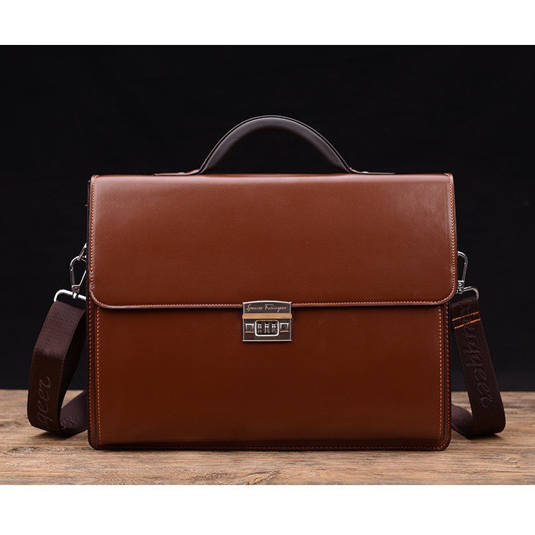 Túi Xách - Cặp da đựng laptop 14 inch. Túi xách công sở khóa số (DA BÒ, size: 39x30x10cm.Nâu-Đen) | BigBuy360 - bigbuy360.vn