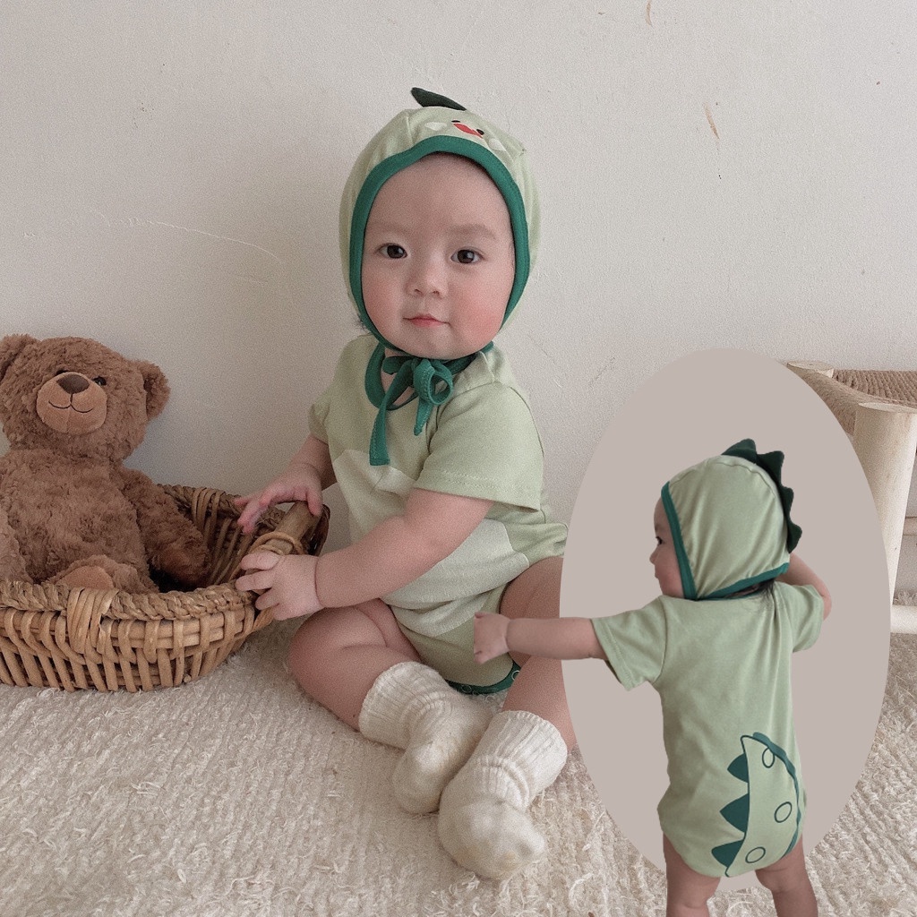 Bộ Áo Liền Quần Tay Ngắn In Hình Khủng Long Màu Xanh Lá Thời Trang Mùa Hè Cho Bé Sơ Sinh 0-24 Tháng