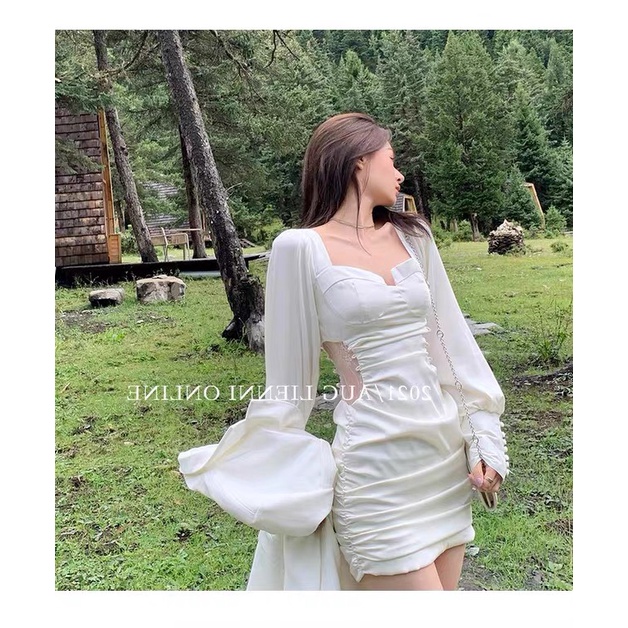 [ Hàng Quảng Châu] Váy trắng body nhún khoét eo phối cúc chất lụa thái sang chảnh | WebRaoVat - webraovat.net.vn