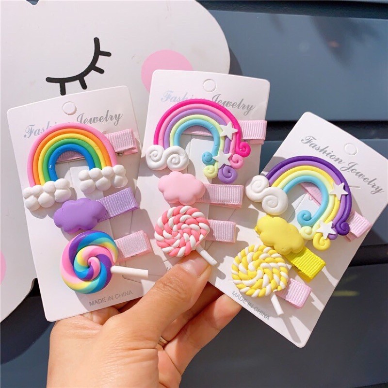 Set kẹp tóc 🌈🌈 cầu vồng kẹo mút siêu đáng iu cho bé gái MS3