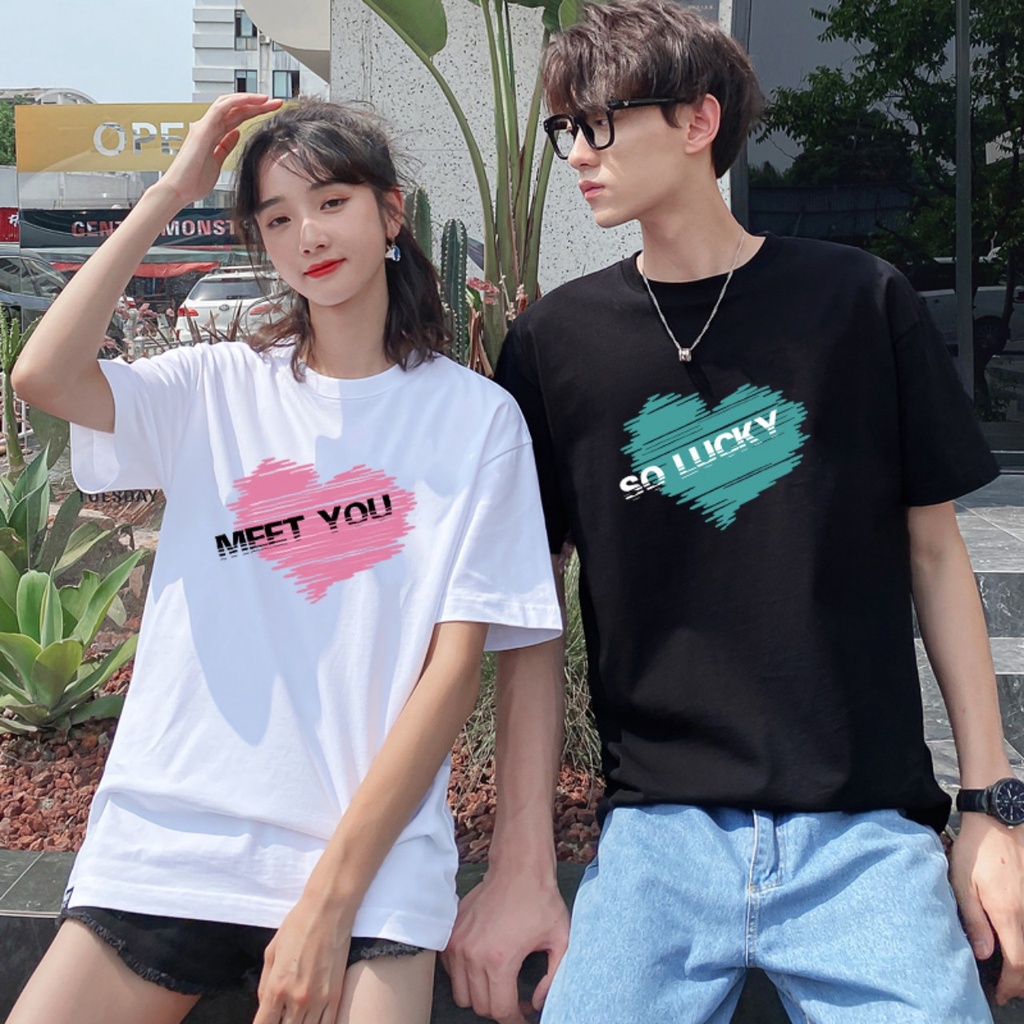 Áo thun nam nữ tay lỡ Hiyou, áo phong đôi nam nữ vải Cotton in hình trái tim hothit
