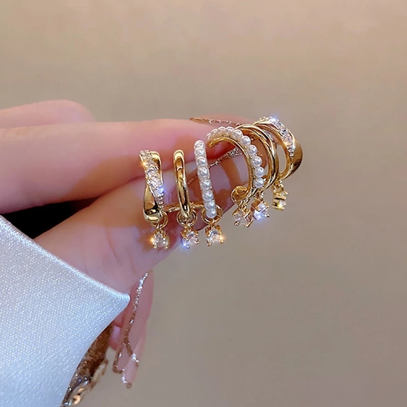 Khuyên Tai Hình Học Nhiều Lớp Đính Đá Zircon Phong Cách Hàn Quốc Mới Cho Nữ