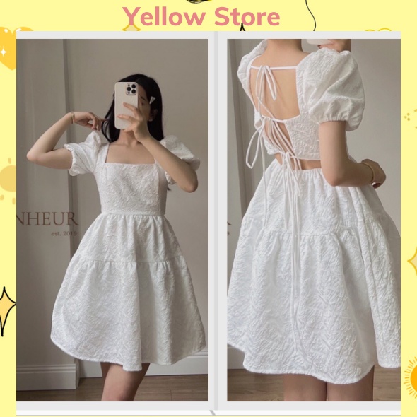 Váy Gấm Hoa Nổi Tay Bổng Cột Dây Lưng Sexy/Đầm Gấm Hoa Nổi “Lovely Dress” YELLOW STORE
