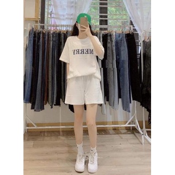 Set thun merry form rộng onesize unisex - Combo quần short cạp chun rộng kèm áo phông cổ tròn in chữ nam nữ | BigBuy360 - bigbuy360.vn