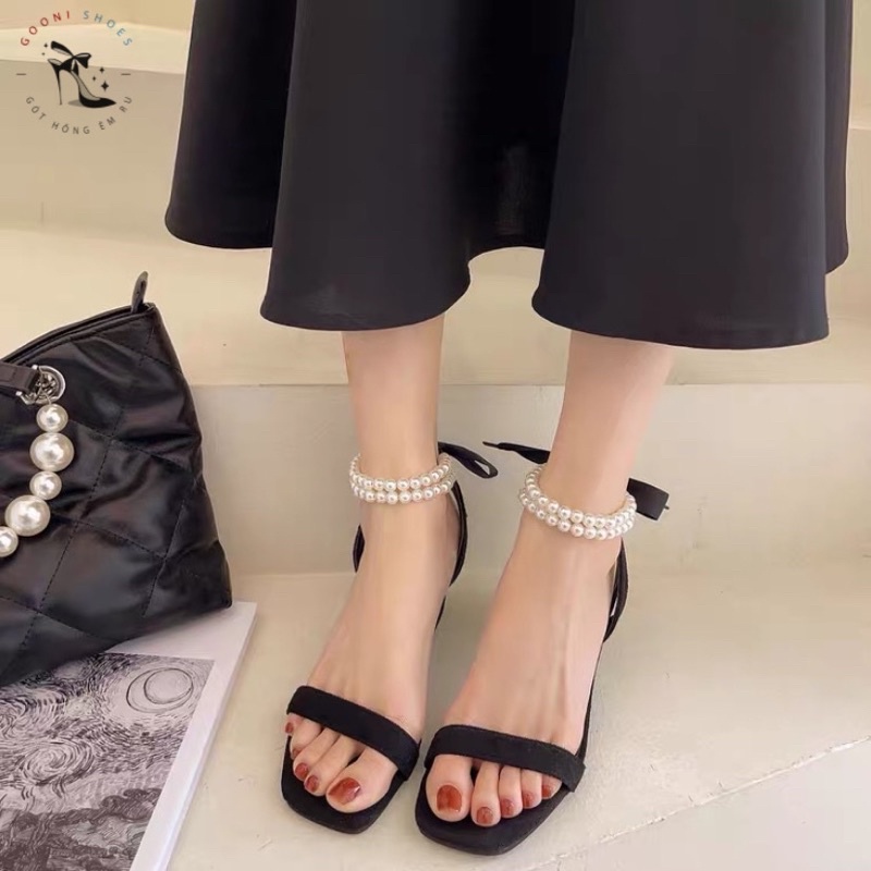 Giày sandal, giày cao gót cột nơ quai ngang đính ngọc buộc nơ tiểu thư cho nữ