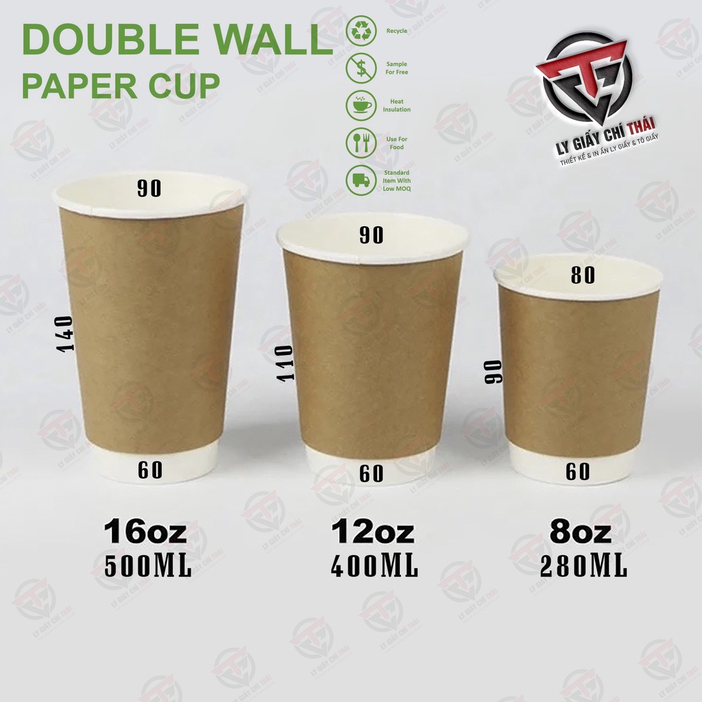 MÃ SALE 5%"LYGITHAI5" SET 50c LY, CỐC GIẤY KRAFT 2 LỚP, 280ml, 400ml, 500ml dày chuyên dùng cho cafe nóng, thức uống các