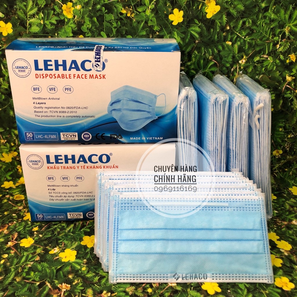 Khẩu Trang Kháng Khuẩn Màu XANH Lehaco 4 lớp  50 cái/ hộp - Khẩu Trang y tế Lehaco Kháng Khuẩn