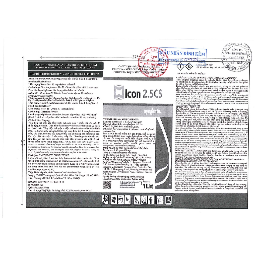Thuốc diệt muỗi - Icon 2.5 CS 1 lít dùng cho nhà ở,chuồng trai và bọ trĩ, bọ xít muỗi... gây hại cây trồng