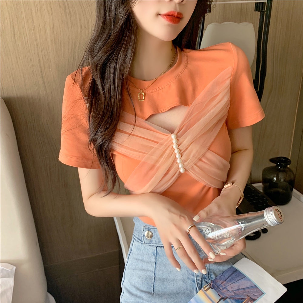 Áo Thun COZOK Lưới Ngắn Tay Thắt Nơ Thời Trang