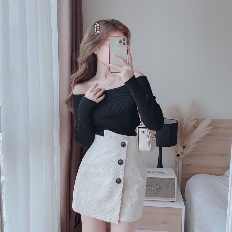 Chân váy chữ a ngắn chất nhung tăm cạp cao lệch công sở thời trang hàn quốc MÃ908