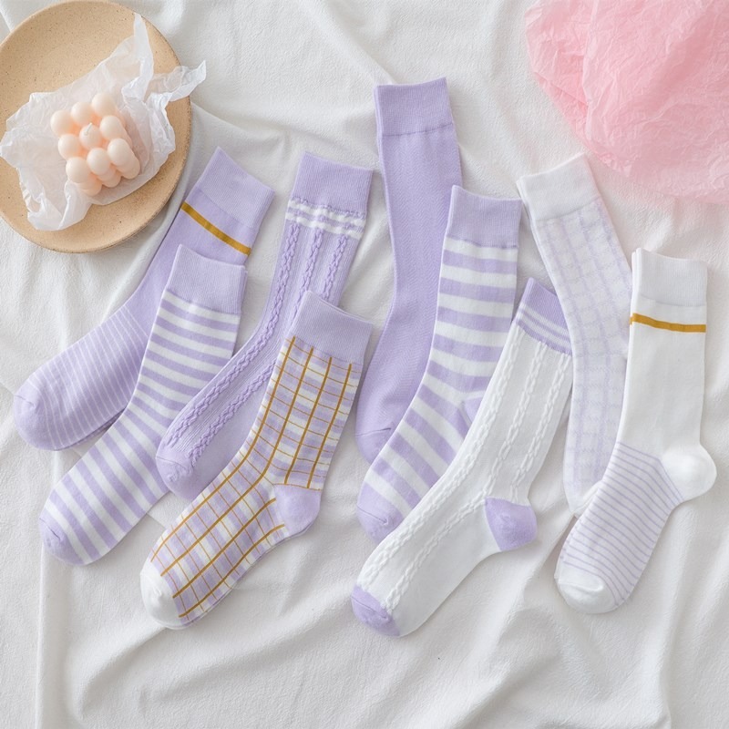 Đôi vớ cotton dài màu tím họa tiết kẻ sọc/caro thời trang cho nữ