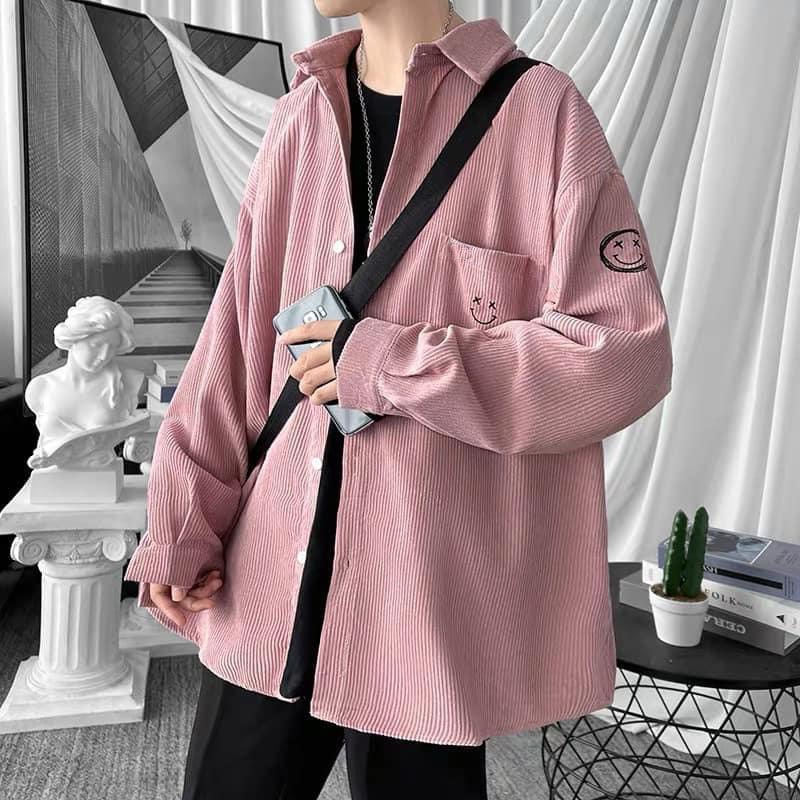 Áo Khoác Nhung THÊU MẶT CƯỜI Kiểu Sơ Mi Áo khoác nhung tăm chống nắng Phong Cách Unisex xám, trắng, vàng, hồng