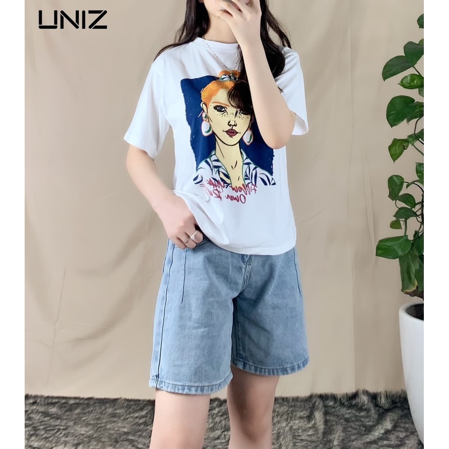 Áo Phông Nữ In Hình Cô Gái UNIZ  Aocogai From Thụng, Dáng Dài, Cổ Tròn,Vải Cotton, In Hình chống bong tróc