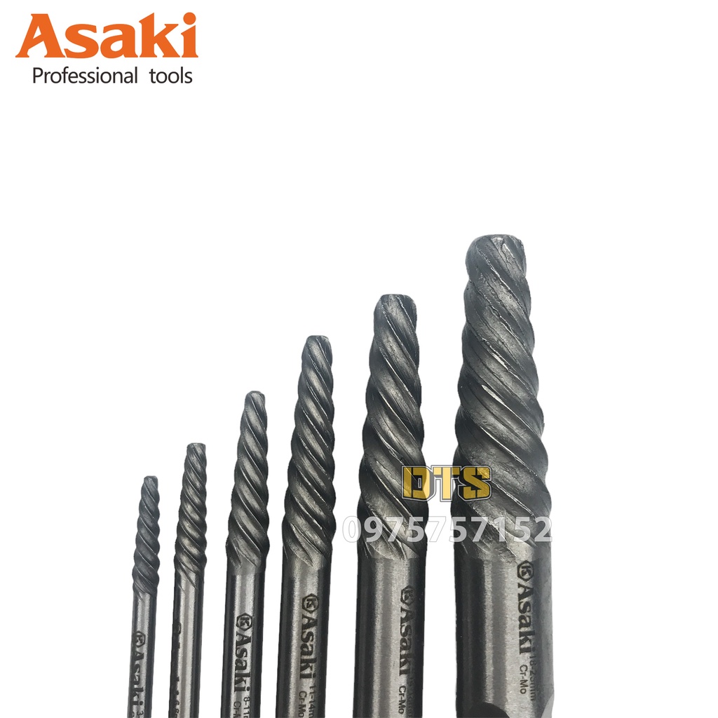 Bộ 6 mũi ren lấy bu lông, ốc vít gãy Asaki AK-3688, bộ mũi vít nhổ ốc gãy toét thép Cr-Mo cao cấp, siêu cứng, siêu bền