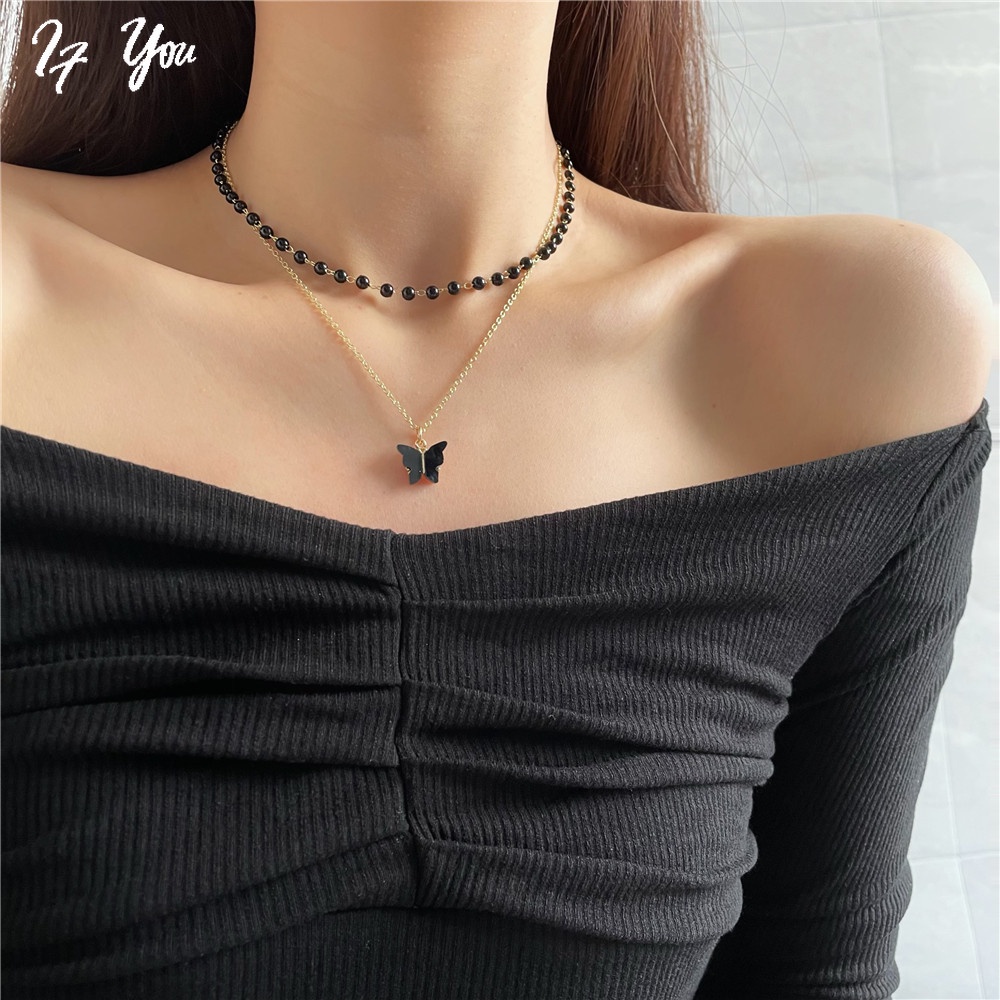 Vòng cổ Hai Lớp Đính Ngọc Trai Hình Bướm Thanh Lịch Dành Cho Nữ