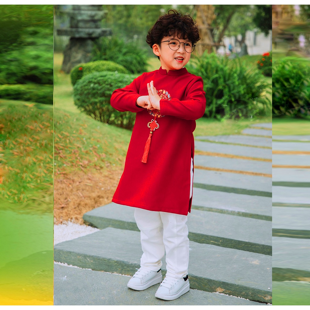 Áo dài cách tân bé trai chất tex nhung đỏ trước ngực KUBIN STORE